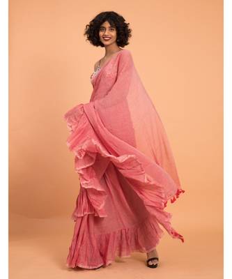 Suta Women Pink Pure Cotton Solid Ruffle Saree 1