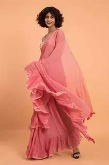 Suta Women Pink Pure Cotton Solid Ruffle Saree