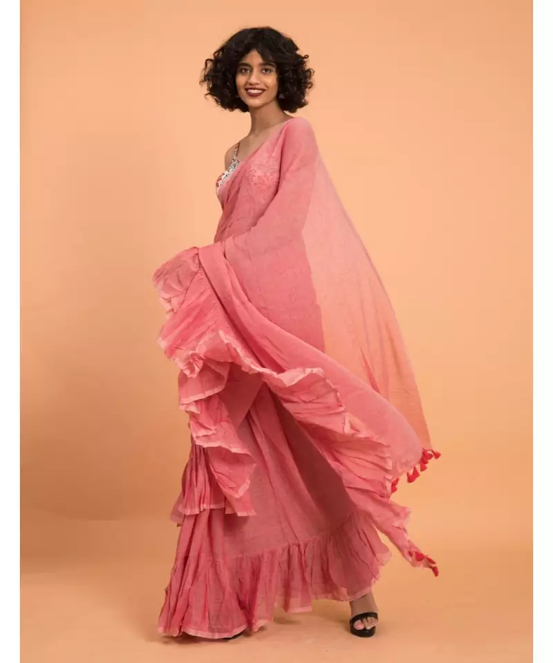 Suta Women Pink Pure Cotton Solid Ruffle Saree