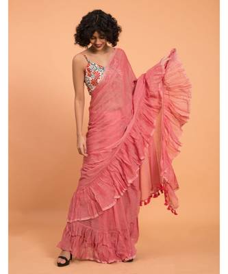Suta Women Pink Pure Cotton Solid Ruffle Saree 3