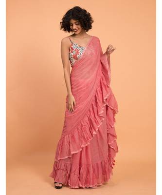 Suta Women Pink Pure Cotton Solid Ruffle Saree 4