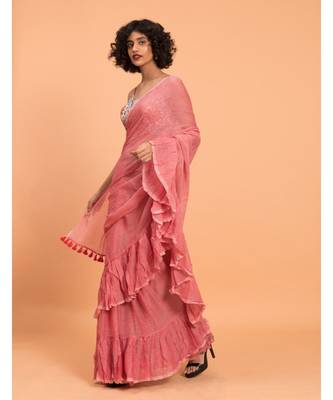 Suta Women Pink Pure Cotton Solid Ruffle Saree 5