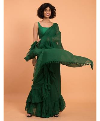 Suta Green Pure Cotton Solid Ruffle Saree 1