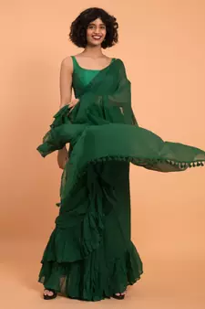 Suta Green Pure Cotton Solid Ruffle Saree