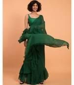Suta Green Pure Cotton Solid Ruffle Saree