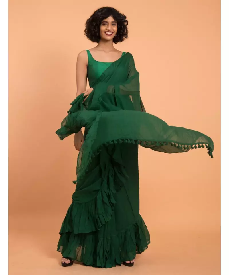 Suta Green Pure Cotton Solid Ruffle Saree