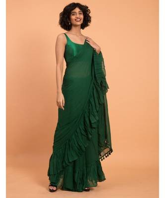 Suta Green Pure Cotton Solid Ruffle Saree 3