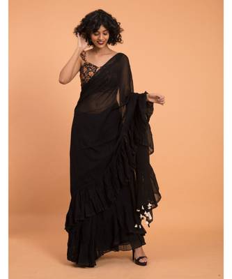 Suta Black Pure Cotton Solid Ruffle Saree 1