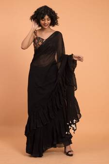 Suta Black Pure Cotton Solid Ruffle Saree