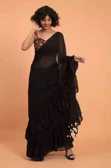 Suta Black Pure Cotton Solid Ruffle Saree