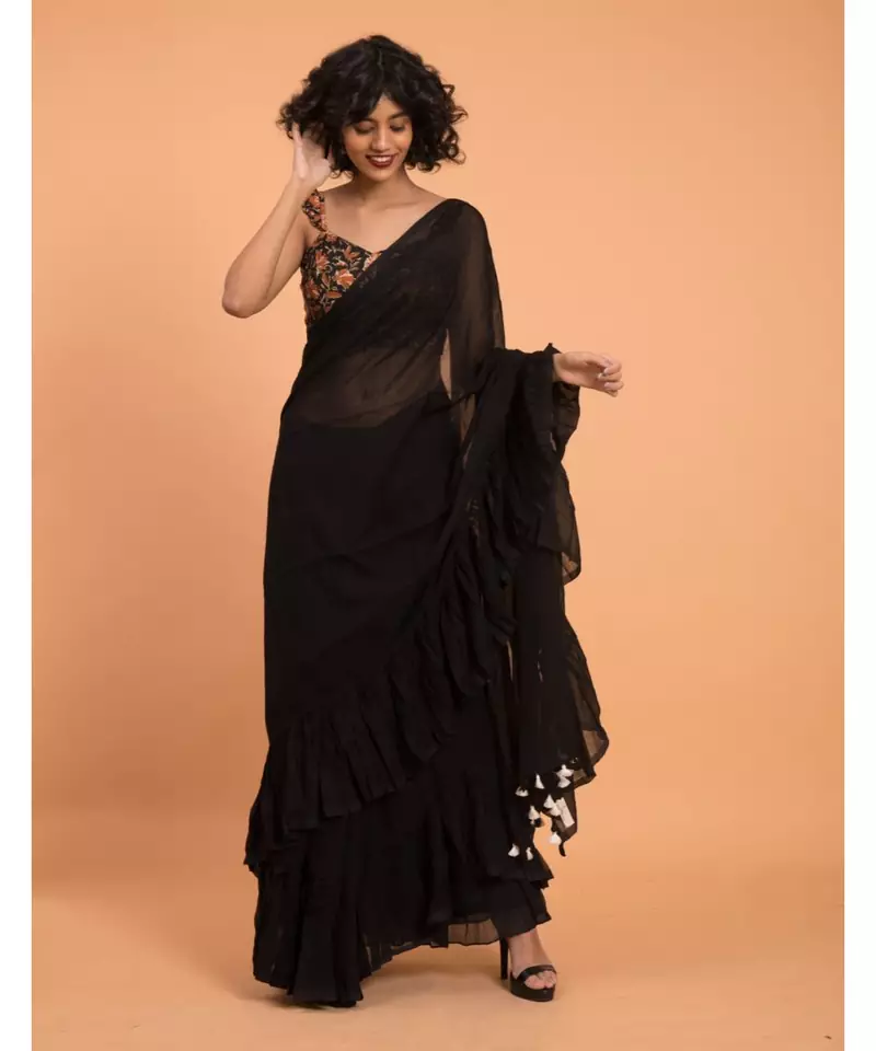 Suta Black Pure Cotton Solid Ruffle Saree