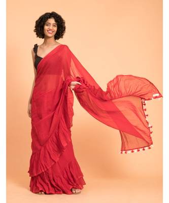 Suta Red Pure Cotton Solid Ruffle Saree 1