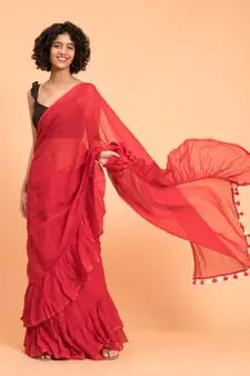 Suta Red Pure Cotton Solid Ruffle Saree