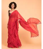 Suta Red Pure Cotton Solid Ruffle Saree