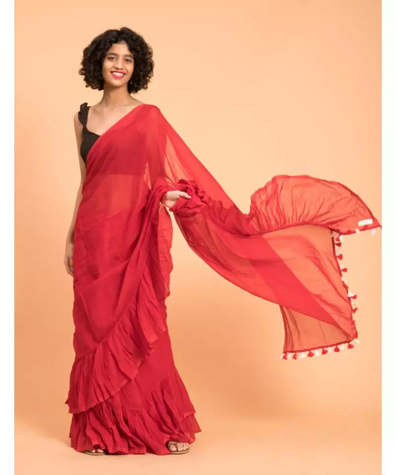 Suta Red Pure Cotton Solid Ruffle Saree