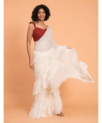 Suta White Pure Cotton Solid Ruffle Saree 1