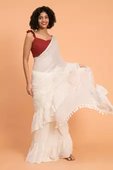 Suta White Pure Cotton Solid Ruffle Saree