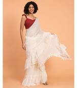 Suta White Pure Cotton Solid Ruffle Saree