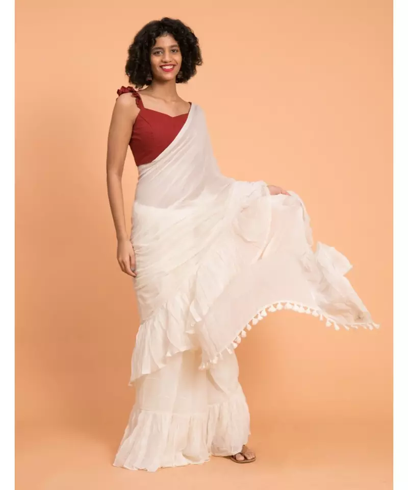 Suta White Pure Cotton Solid Ruffle Saree