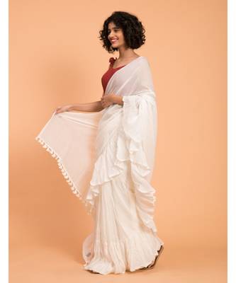 Suta White Pure Cotton Solid Ruffle Saree 2