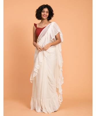 Suta White Pure Cotton Solid Ruffle Saree 4