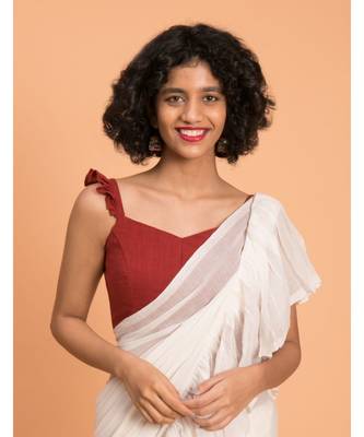 Suta White Pure Cotton Solid Ruffle Saree 5