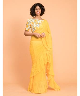 Suta Yellow Pure Cotton Solid Ruffle Saree 1