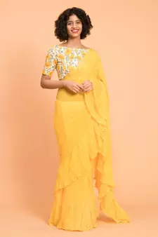 Suta Yellow Pure Cotton Solid Ruffle Saree
