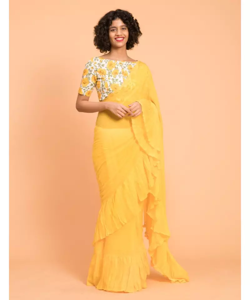 Suta Yellow Pure Cotton Solid Ruffle Saree