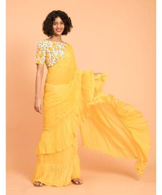 Suta Yellow Pure Cotton Solid Ruffle Saree 2