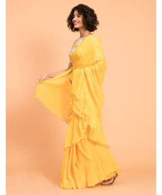 Suta Yellow Pure Cotton Solid Ruffle Saree 3