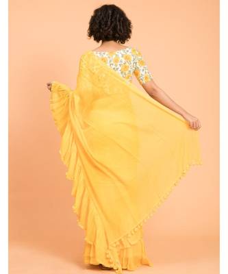 Suta Yellow Pure Cotton Solid Ruffle Saree 4