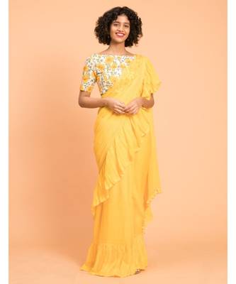 Suta Yellow Pure Cotton Solid Ruffle Saree 5