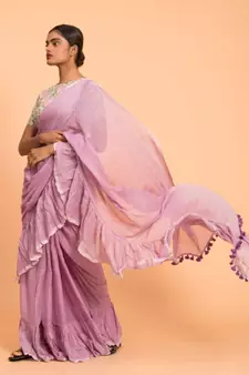 lavender Solid Pure Cotton Ruffle Saree