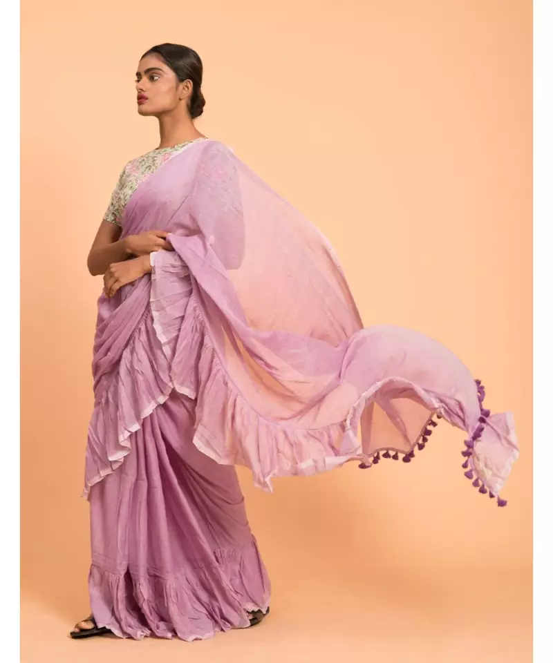lavender Solid Pure Cotton Ruffle Saree