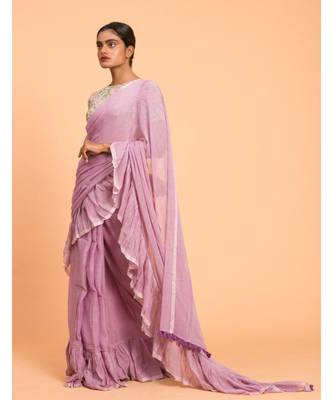 lavender Solid Pure Cotton Ruffle Saree 2