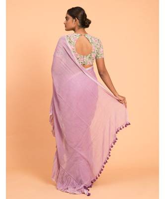lavender Solid Pure Cotton Ruffle Saree 3