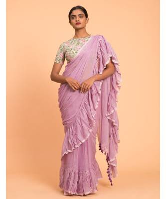 lavender Solid Pure Cotton Ruffle Saree 4