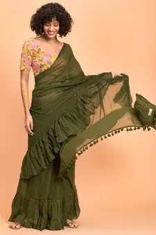 Suta Olive Green Pure Cotton Solid Ruffle Saree