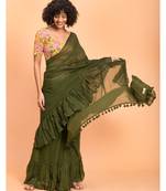Suta Olive Green Pure Cotton Solid Ruffle Saree