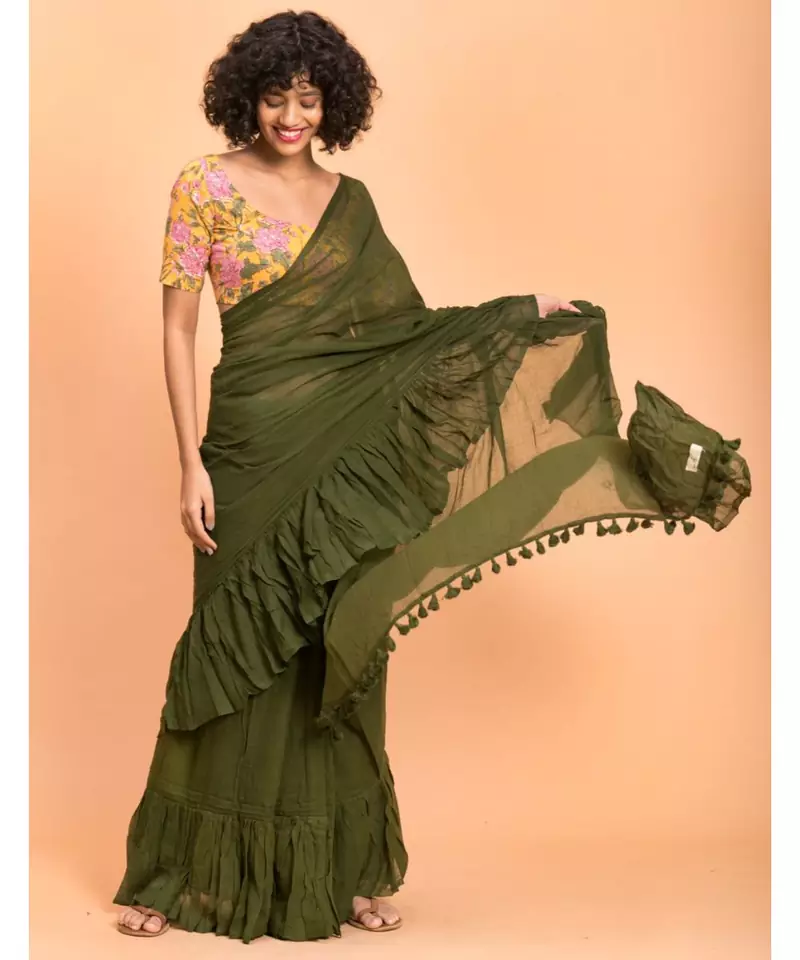 Suta Olive Green Pure Cotton Solid Ruffle Saree