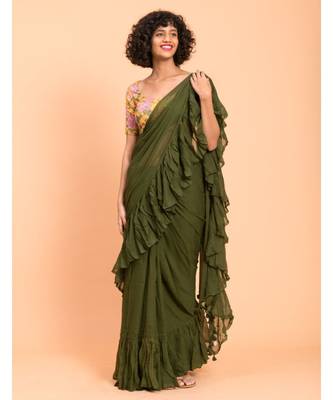 Suta Olive Green Pure Cotton Solid Ruffle Saree 3
