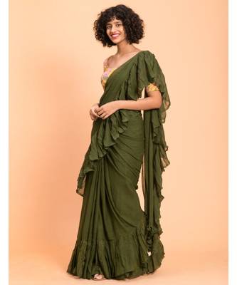 Suta Olive Green Pure Cotton Solid Ruffle Saree 4