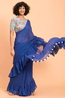 Suta Women Blue Pure Cotton Solid Ruffle Saree