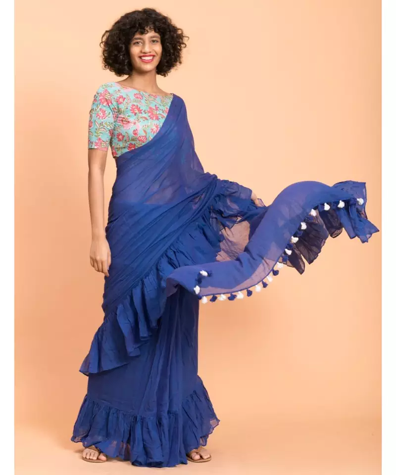 Suta Women Blue Pure Cotton Solid Ruffle Saree