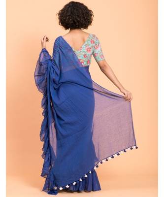 Suta Women Blue Pure Cotton Solid Ruffle Saree 2