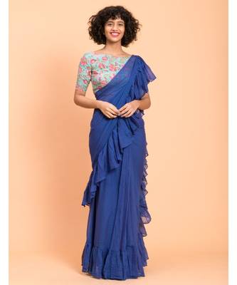 Suta Women Blue Pure Cotton Solid Ruffle Saree 3