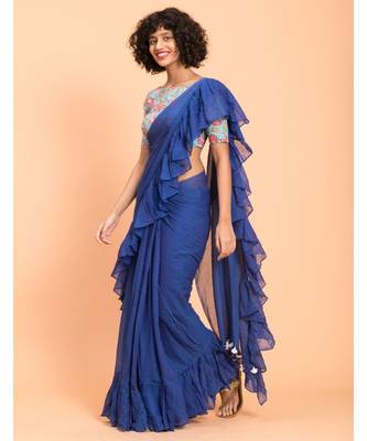 Suta Women Blue Pure Cotton Solid Ruffle Saree 4