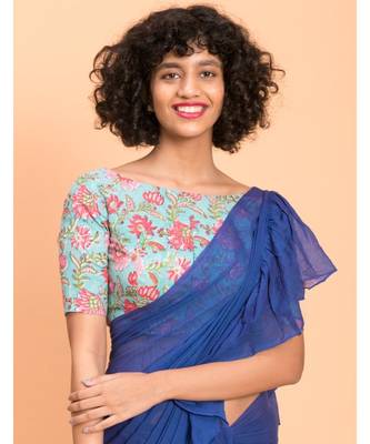 Suta Women Blue Pure Cotton Solid Ruffle Saree 5