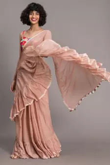 Suta Women Beige Pure Cotton Solid Ruffle Saree